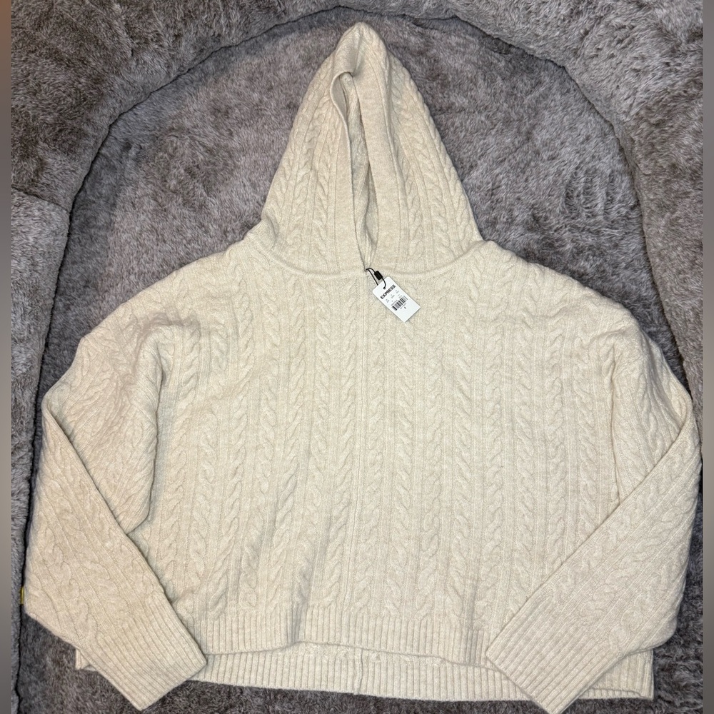 Express Cream Cable Knit Hoodie Sweater